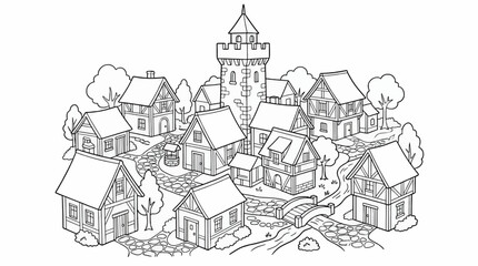 Fototapeta premium Black and White Medieval Village Coloring Page with Tower, Houses, Bridge, and Well, Flat Vector Illustration