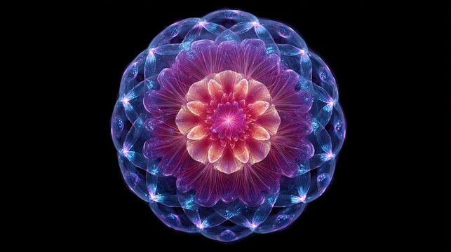Glowing geometric flower sphere with colorful luminous network on dark background.
