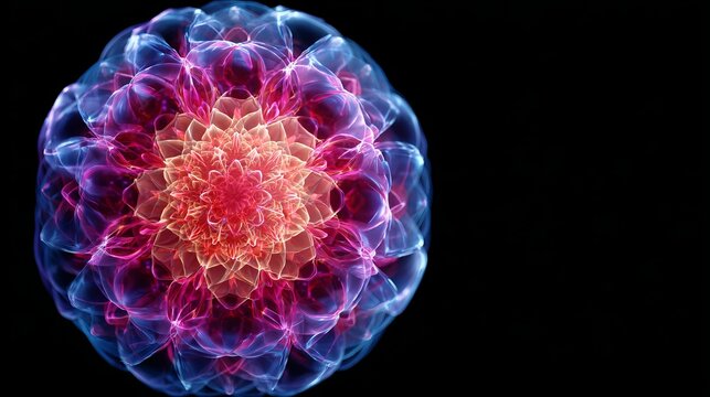 Glowing geometric flower sphere with colorful luminous network on dark background.