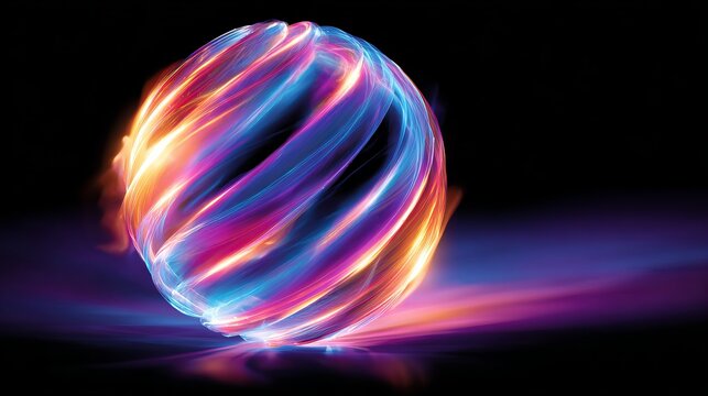 Glowing abstract neon sphere with colorful luminous ribbons on dark background.