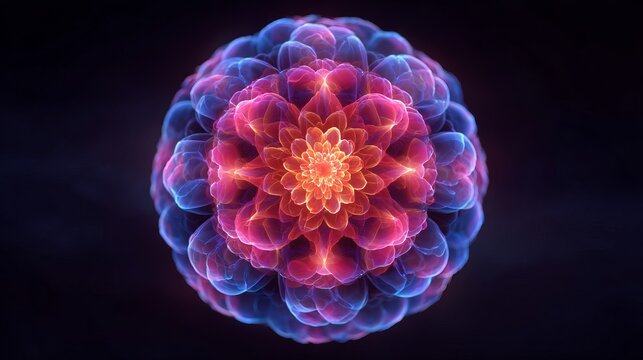Glowing neon flower mandala with vibrant geometric symmetry on dark background.