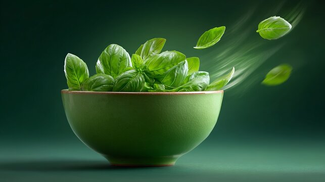 Fresh basil leaves in green bowl with floating herbs on green background.