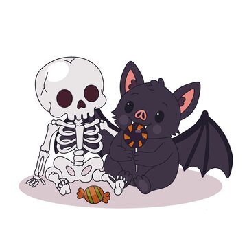 Cute Baby Bat Sitting with Friendly Skeleton and Candy Halloween Cartoon