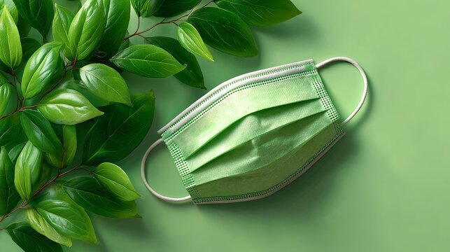 Green face mask surrounded by leaves symbolizing eco friendly health and protection.