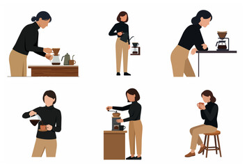 Fototapeta premium Flat vector illustration set of a woman making and drinking coffee using various brewing methods
