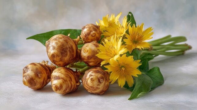 Fresh Jerusalem artichokes with yellow flowers and green leaves isolated on white.