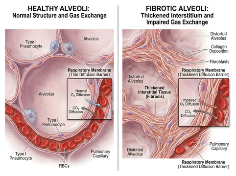 Healthy vs fibrotic alveoli comparison in human lungs isolated on white background