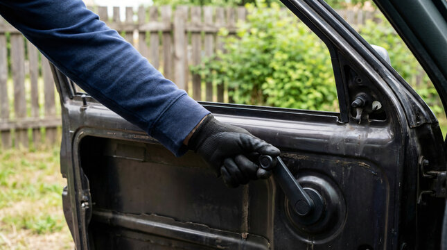 A person's hand in a black glove is turning the window crank of an old car, with a wooden fence in the background.