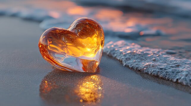 Glowing heart shaped glass on wet beach sand with golden reflections at shoreline.
