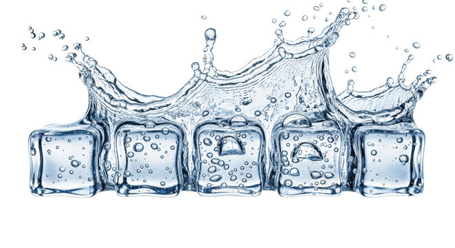 Five icy-blue crystal-clear ice cubes creating an explosive water splash with bubbles, hyperrealistically captured on white with copy space, concept for intense refreshment and purity