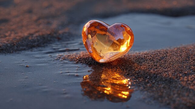 Glowing heart shaped glass on wet beach sand with golden reflections at shoreline.