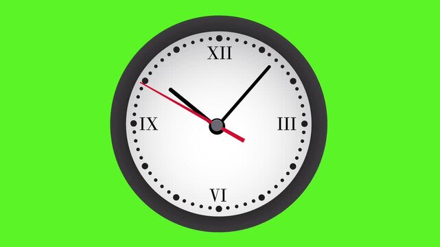 Classic Wall Clock with Roman Numerals and Ticking Second Hand Animation on Green Screen
