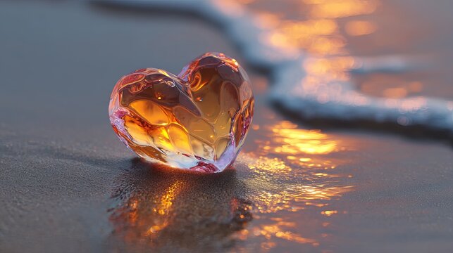 Glowing heart shaped glass on wet beach sand with golden reflections at shoreline.