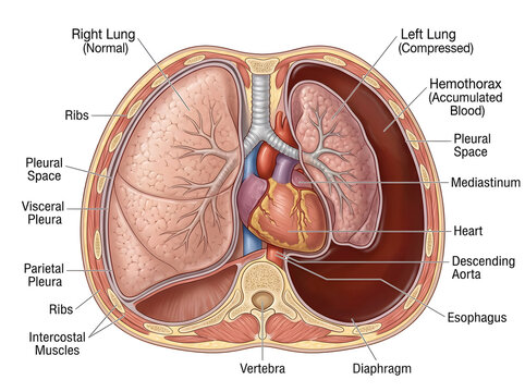 Human chest cross-section showing hemothorax and compressed lung isolated on white background