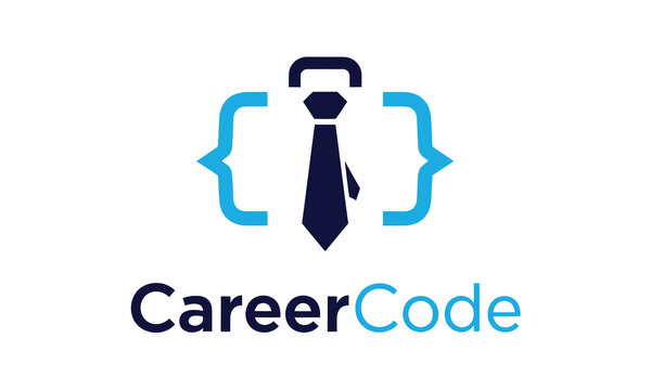 Minimalist logo design featuring a necktie inside programming curly brackets for tech career branding