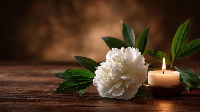 Large white flower beside glowing candle on wooden surface with relaxing spa ambiance.