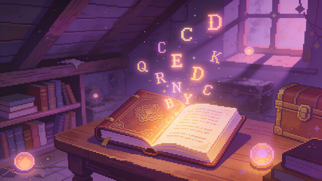 Open magic spell book rests on a wooden desk with glowing golden alphabet letters floating above its pages