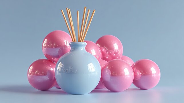Light blue reed diffuser with pink spheres on pastel blue background.