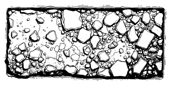 Broken stones and rubble texture background in engraving style, rocky debris border frame vector illustration