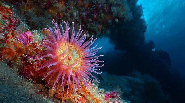 Colorful sea anemone on coral reef with glowing tentacles in underwater macro scene.