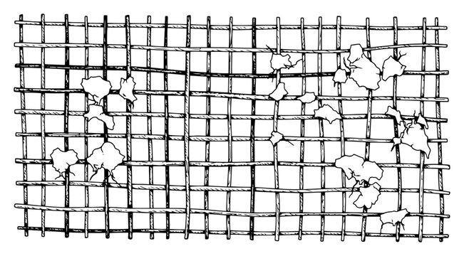 Metal wire mesh grid with debris engraving style vector illustration, construction rebar net background texture