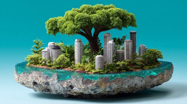 Miniature futuristic floating city with lush greenery and central tree on turquoise background.