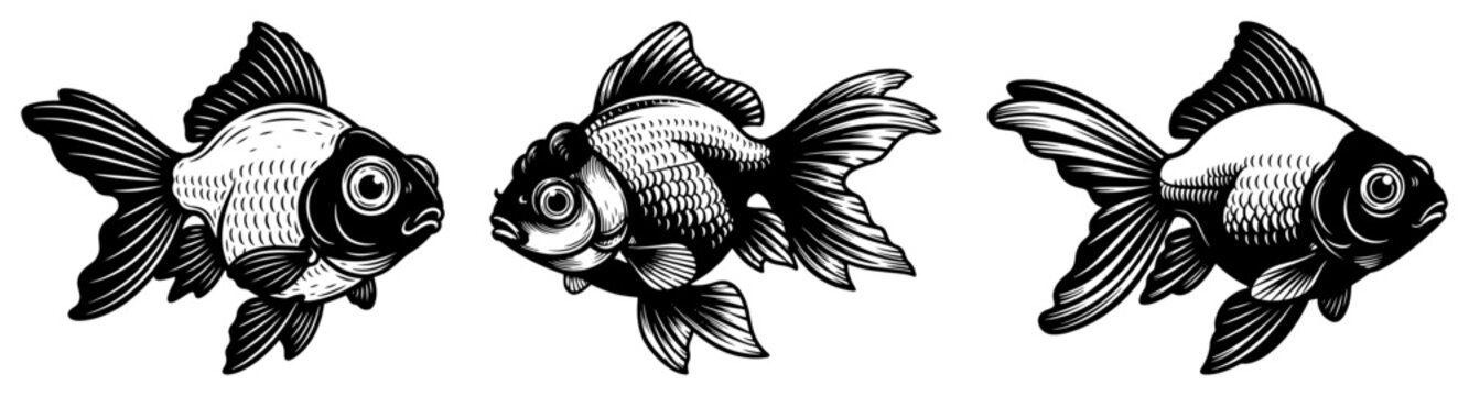 Goldfish set swimming poses hand drawn engraving style vector illustration, aquarium fish oranda telescope eye collection