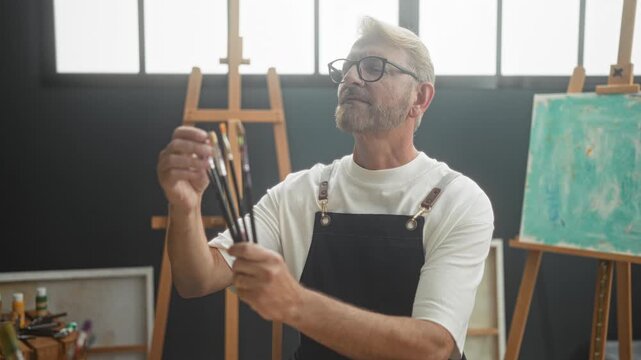 Man painter in apron holds paintbrushes with raised hand near canvas in studio; focus creativity craftsmanship.