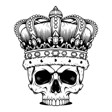 Human skull wearing royal crown king of death concept hand drawn engraving style vector illustration, gothic tattoo or t-shirt design element