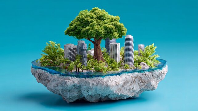 Miniature futuristic floating city with lush greenery and central tree on turquoise background.