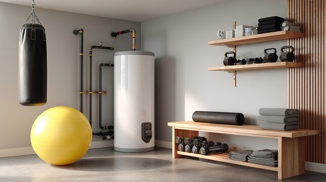 Modern basement utility room with heat pump, water heater and home gym equipment.