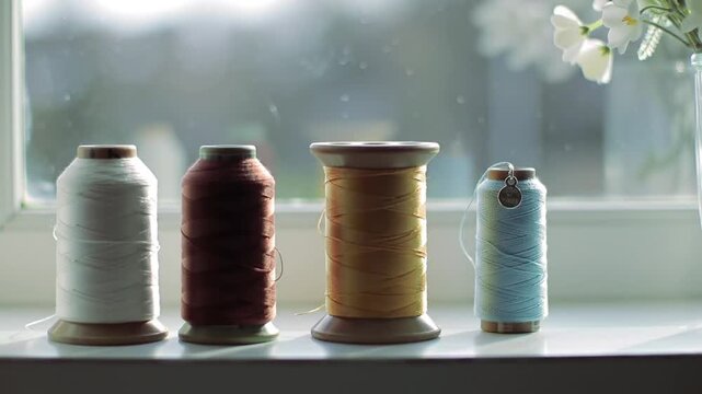 Four colorful spools of sewing thread arranged on a white windowsill in natural daylight