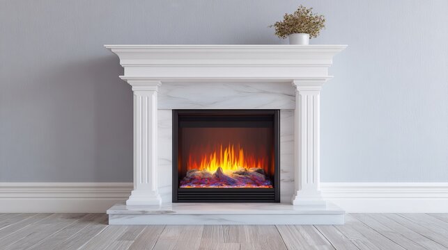 Modern white fireplace with realistic electric flames in minimalist interior.