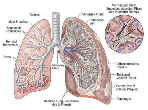 Human lungs with asbestos fibrosis and interstitial damage illustration isolated on white background