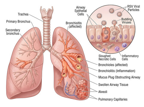 Lung infection illustration showing bronchiolitis caused by rsv isolated on white background