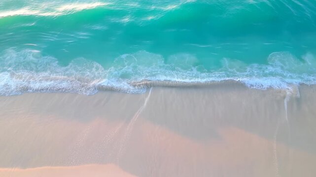 High angle aerial view of turquoise shoreline with foamy surf washing across pale sand under soft daylight, showing lace like water edges, wet grains, calm coastal texture, summery color