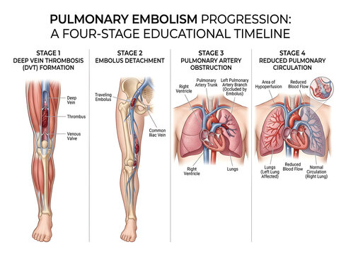 Pulmonary embolism progression medical illustration isolated on white background