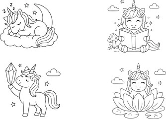 Fototapeta premium Four cartoon unicorns in different scenes, line fantasy