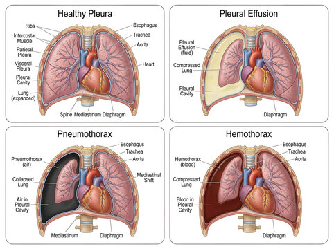 Medical illustration of healthy pleura and lung conditions comparison isolated on white background