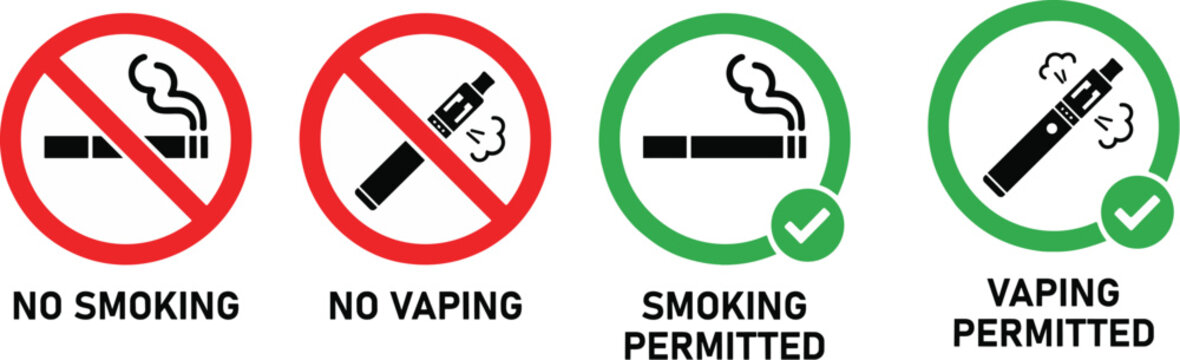 Smoking vaping regulation signs, no smoking symbol, no vaping icon, smoking permitted sign, vaping permitted sign, vector illustration artwork
