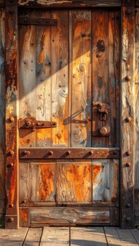 An old, weathered wooden door with rusty hardware.