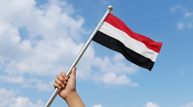 Hand holding Yemen national flag on a silver pole against blue sky with white clouds