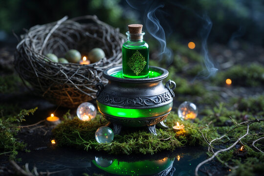 Close up of a miniature magic potion bottle inside a silver cauldron with glowing green fluid next to a decorative twig nest in a dark misty forest.