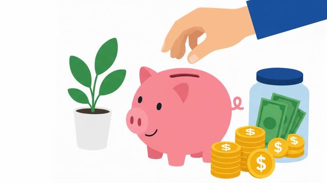 Saving Money Concept Animation with Hand Dropping Coin into Piggy Bank Flat Vector Motion Graphic