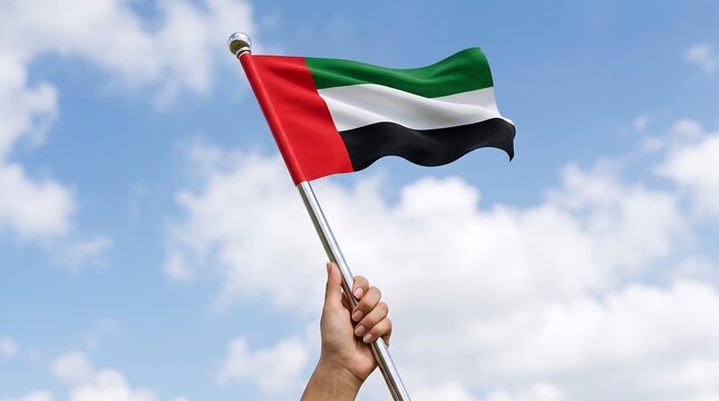 Low angle shot of a hand holding United Arab Emirates national flag against cloudy blue sky