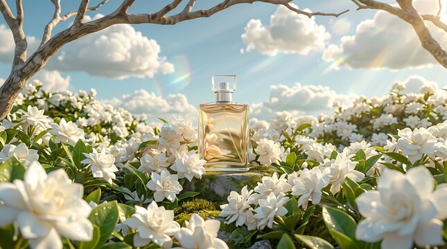 Perfume bottle displayed on mossy stone surrounded by white gardenia flowers under blue sky with clouds
