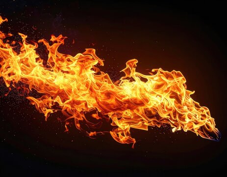 A powerful stream of vibrant orange and yellow flames burns against a dark background.