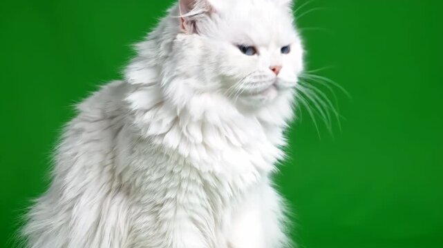 Majestic White Cat: A fluffy white Persian cat with striking blue eyes sits regally against a vibrant green backdrop, exuding an air of calm and elegance. Its long.