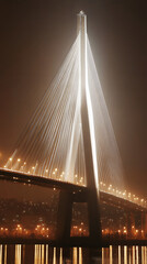 Obraz premium Modern cable-stayed bridge brilliantly illuminated at night, reflecting bright city lights on misty water
