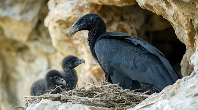 An adult black vulture cares for two fluffy chicks in a nest built within a rocky cliffside crevice